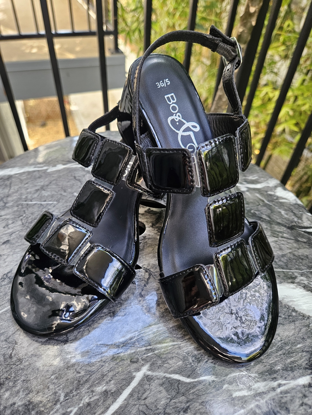 Bos.&Co GLOW Black Patent PU Strappy Block Heel  Womens Sandals Sz 36/5 New NIB